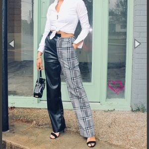 Asymmetrical Plaid/Leather Pant🤍
